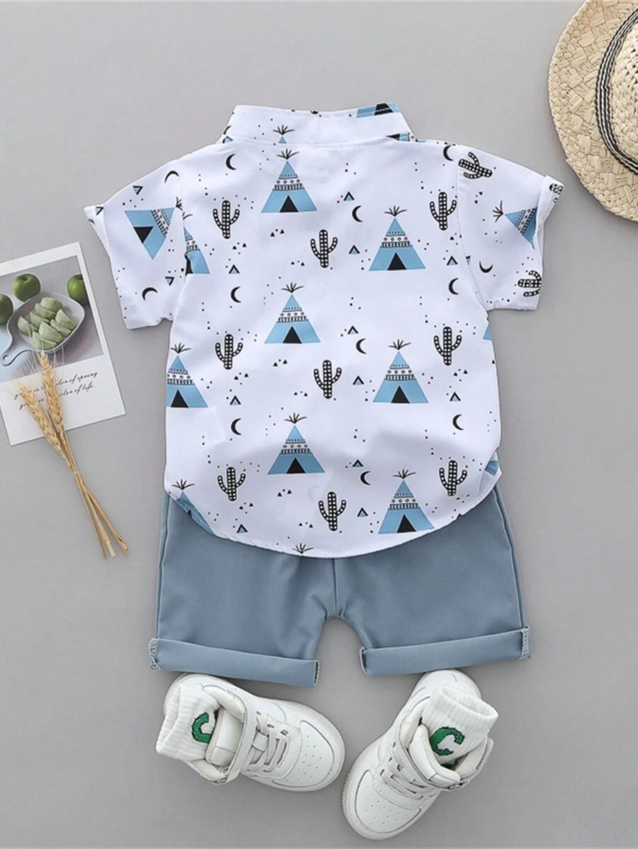 Cute Full Collar Summer Outfit For Toddler Boys Cartoon Shirt And Shorts