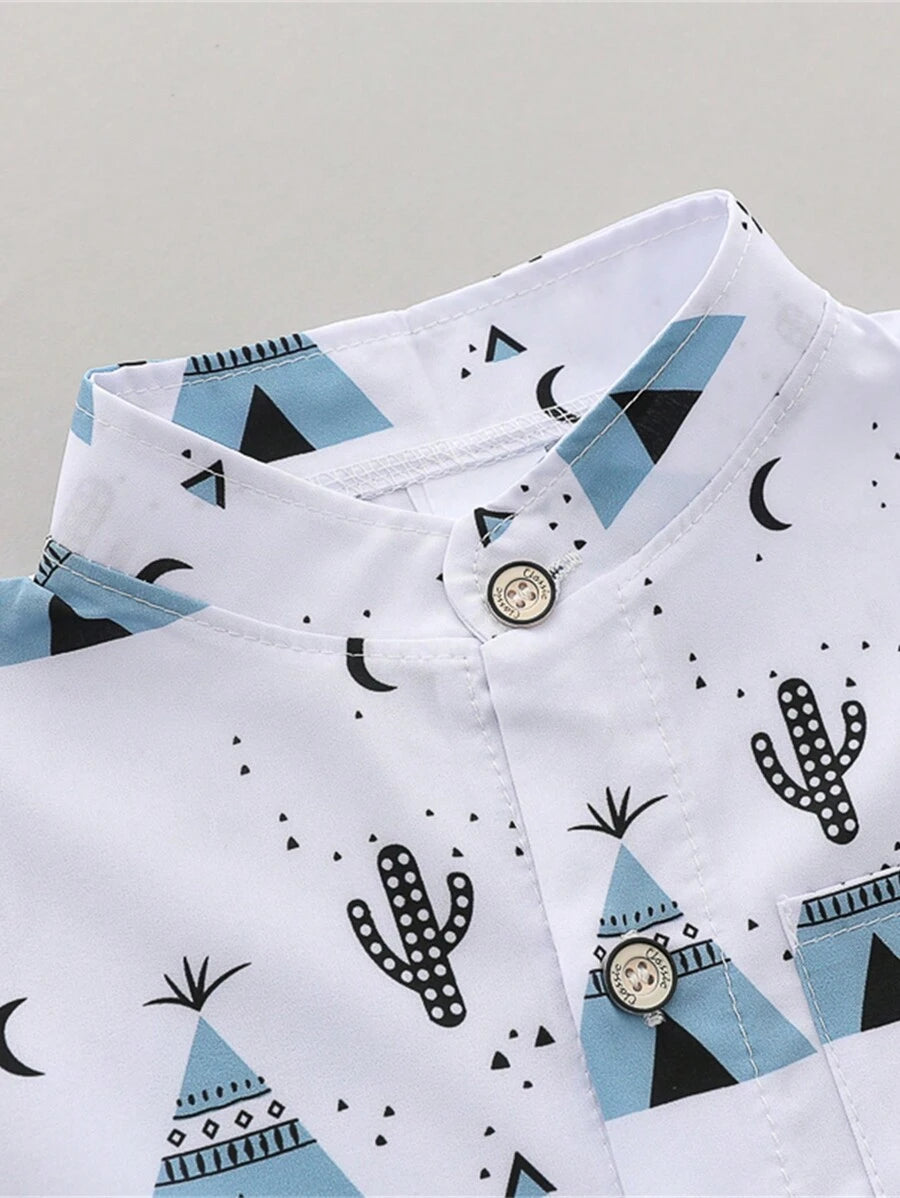 Cute Full Collar Summer Outfit For Toddler Boys Cartoon Shirt And Shorts