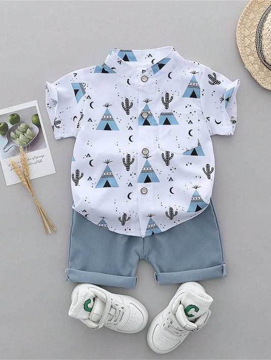 Cute Full Collar Summer Outfit For Toddler Boys Cartoon Shirt And Shorts