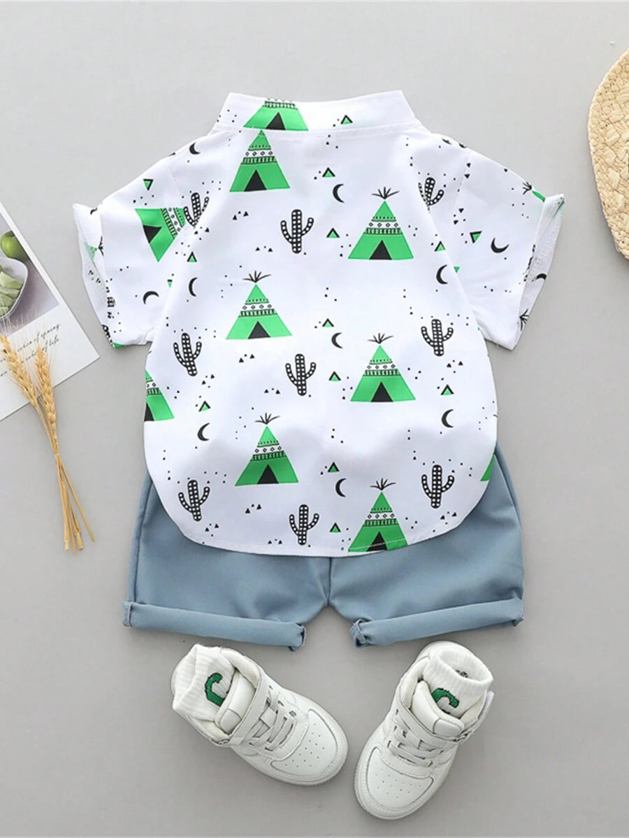 Cute Full Collar Summer Outfit For Toddler Boys Cartoon Shirt And Shorts