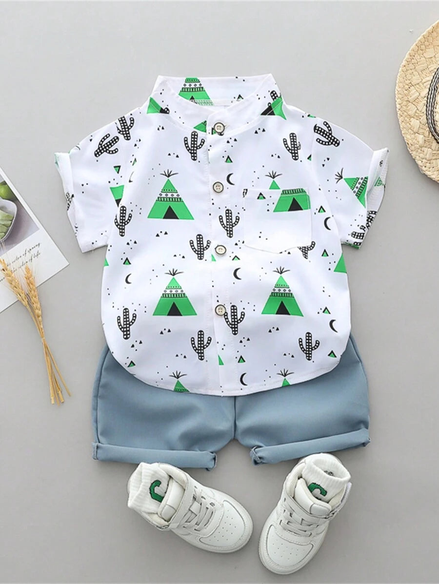 Cute Full Collar Summer Outfit For Toddler Boys Cartoon Shirt And Shorts