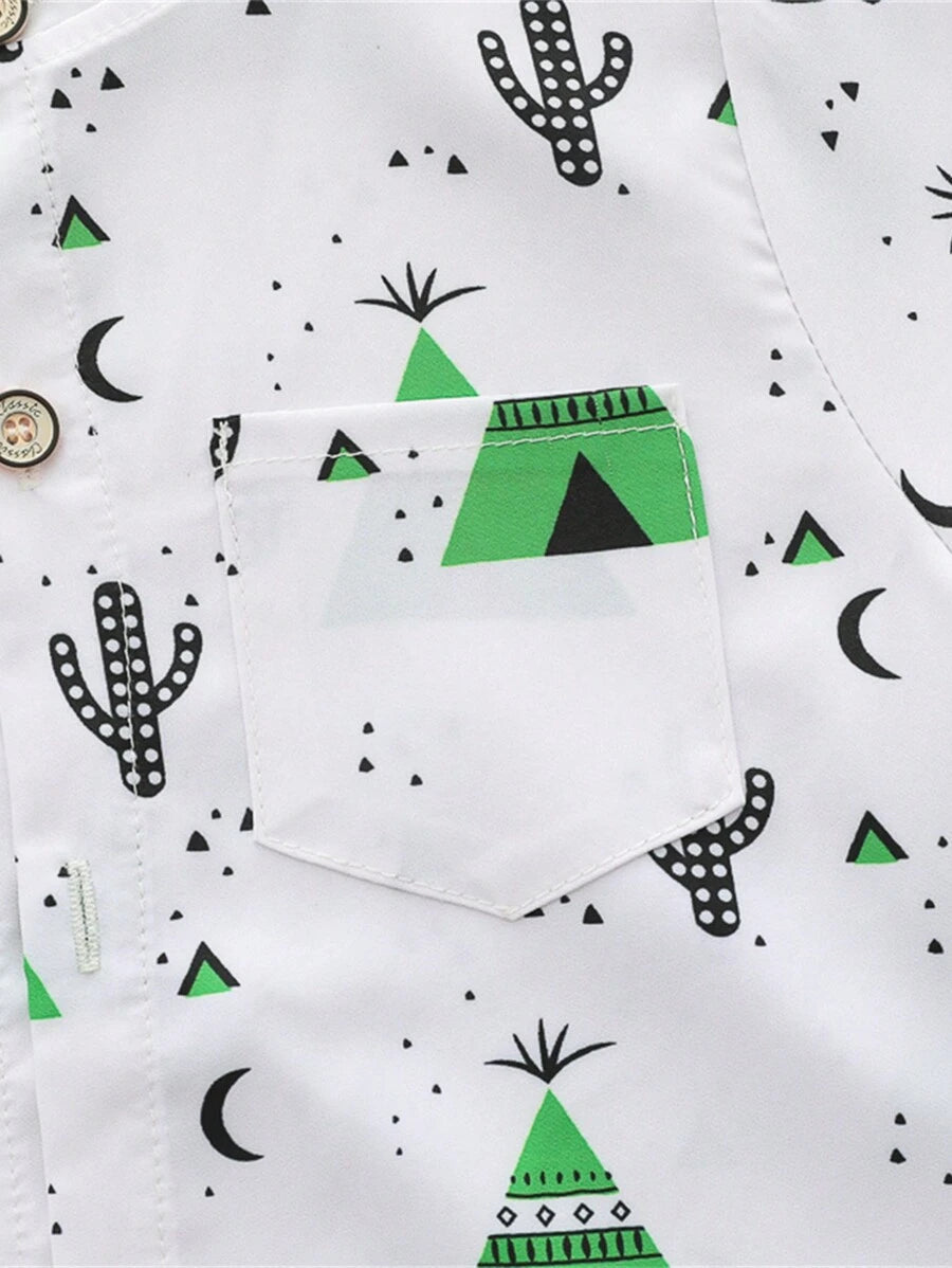 Cute Full Collar Summer Outfit For Toddler Boys Cartoon Shirt And Shorts
