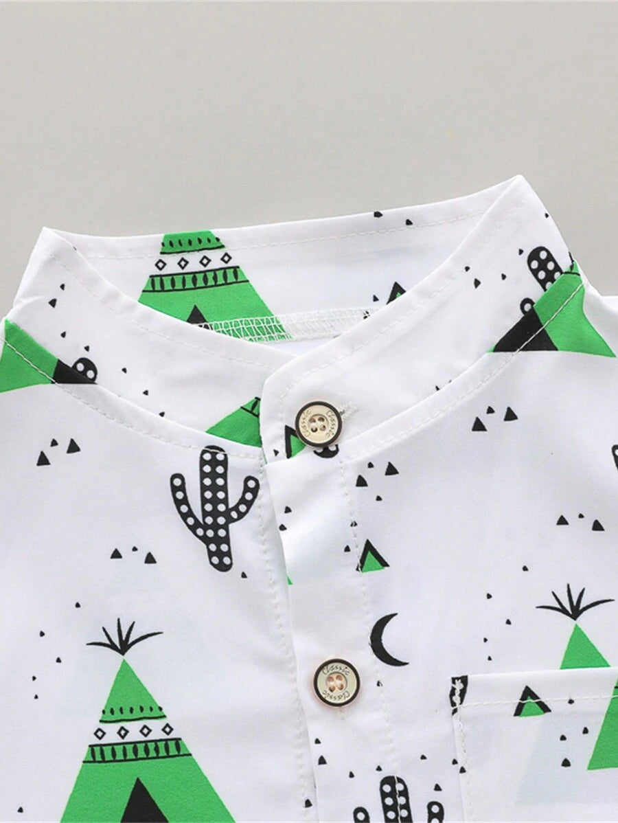 Cute Full Collar Summer Outfit For Toddler Boys Cartoon Shirt And Shorts