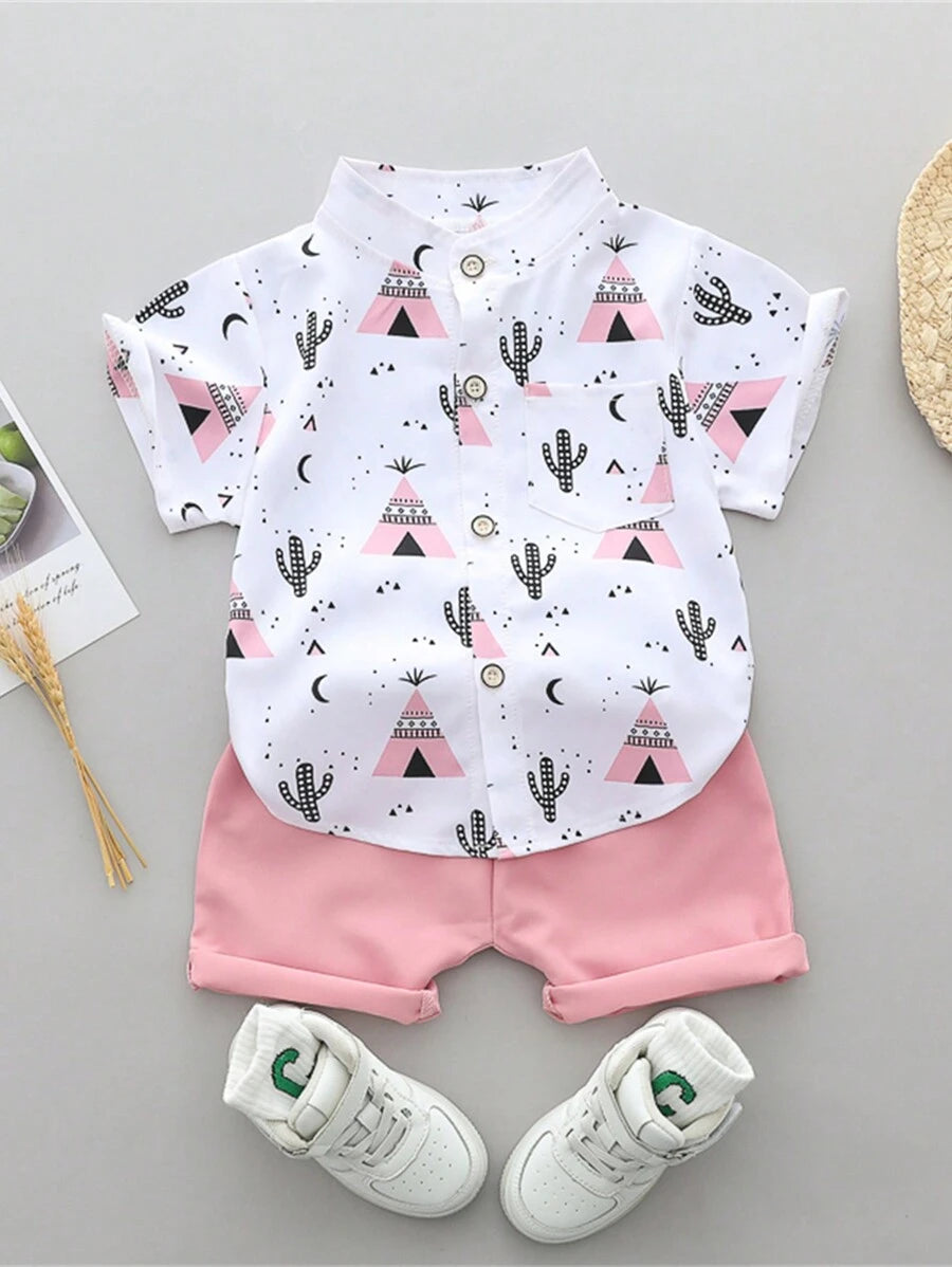 Cute Full Collar Summer Outfit For Toddler Boys Cartoon Shirt And Shorts
