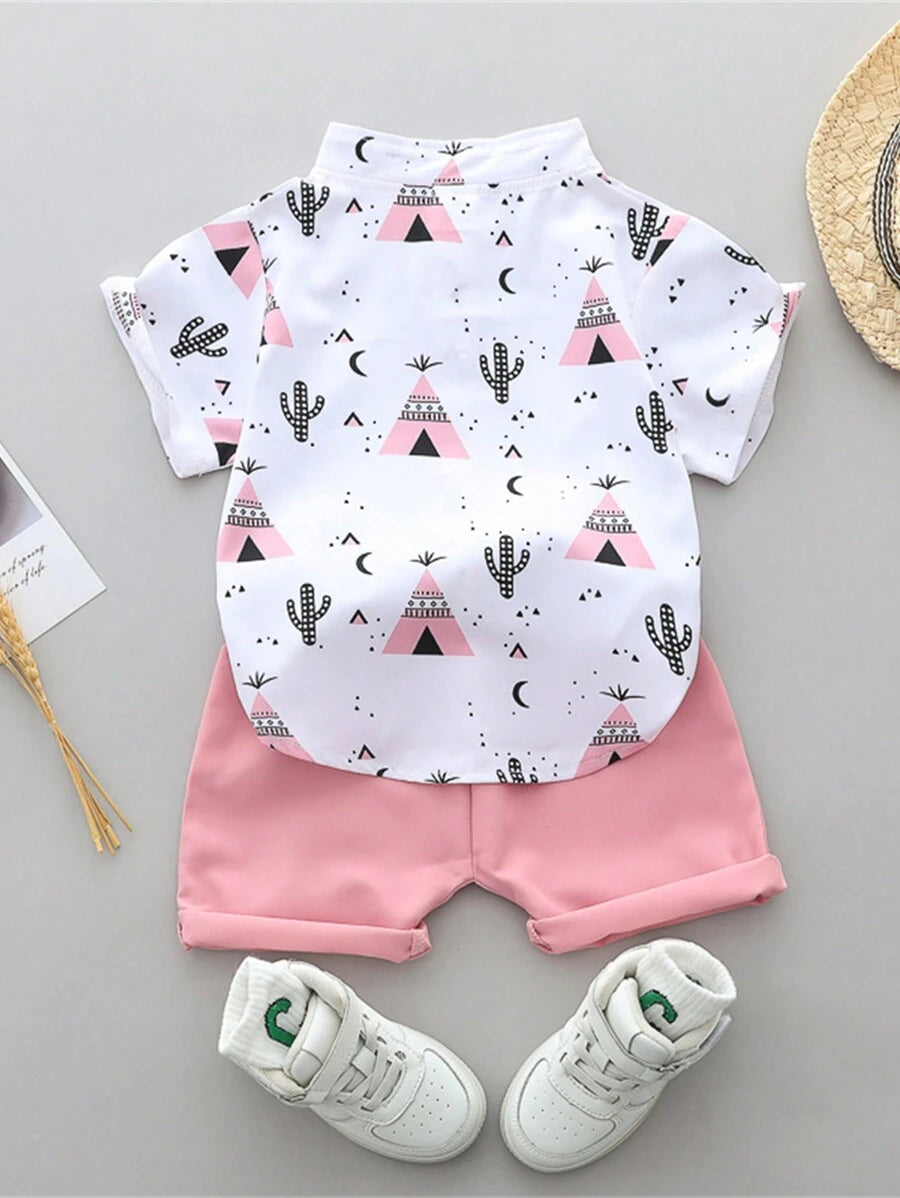 Cute Full Collar Summer Outfit For Toddler Boys Cartoon Shirt And Shorts