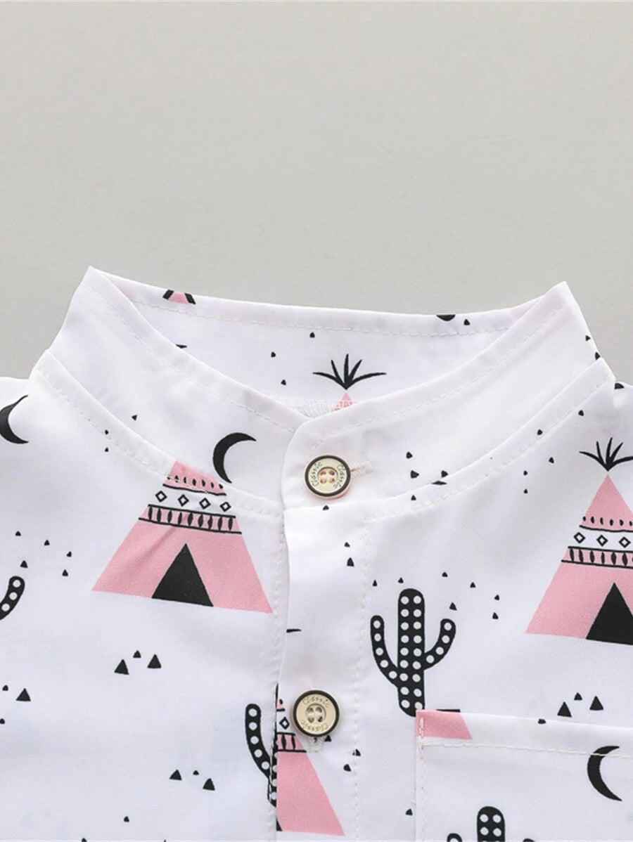 Cute Full Collar Summer Outfit For Toddler Boys Cartoon Shirt And Shorts