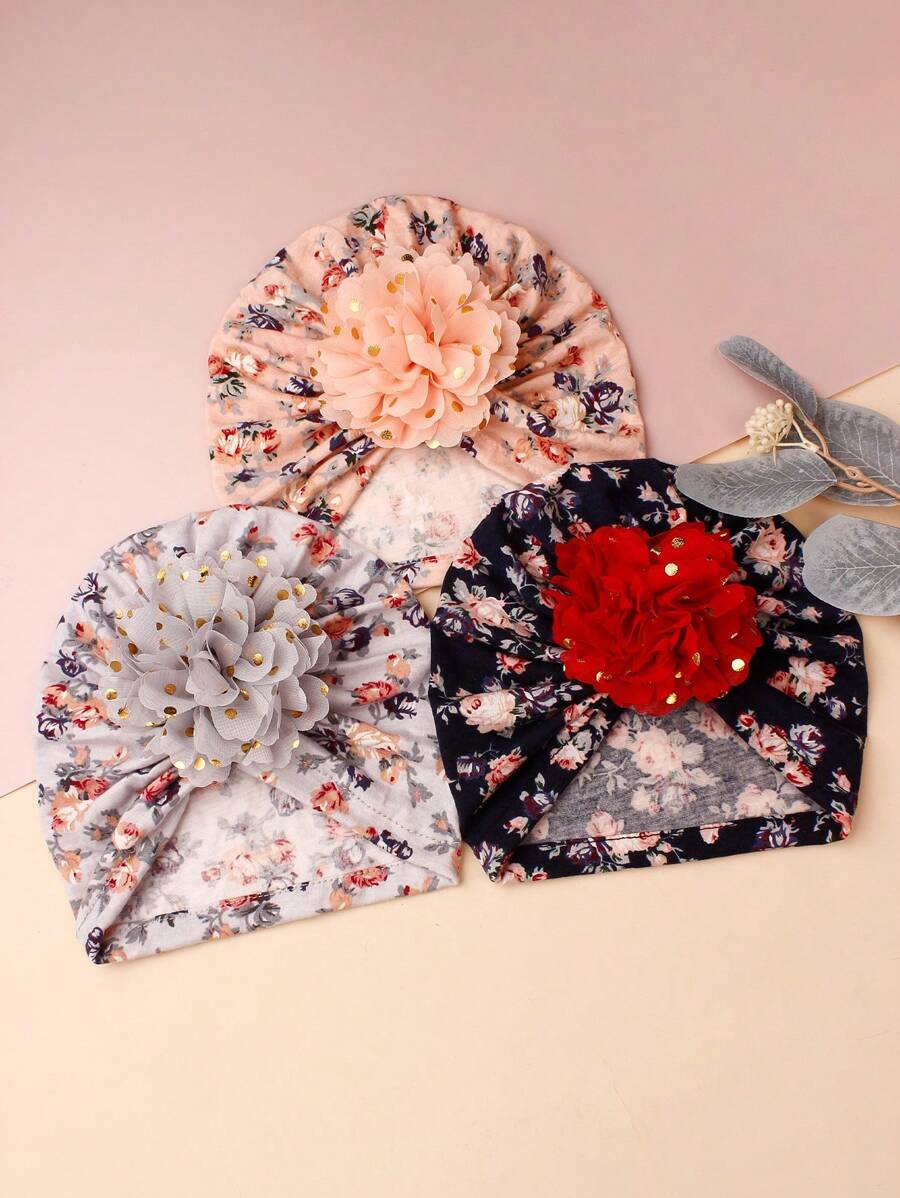 Printed Chiffon Flower Baby Hat Set for Cute Daily Wear