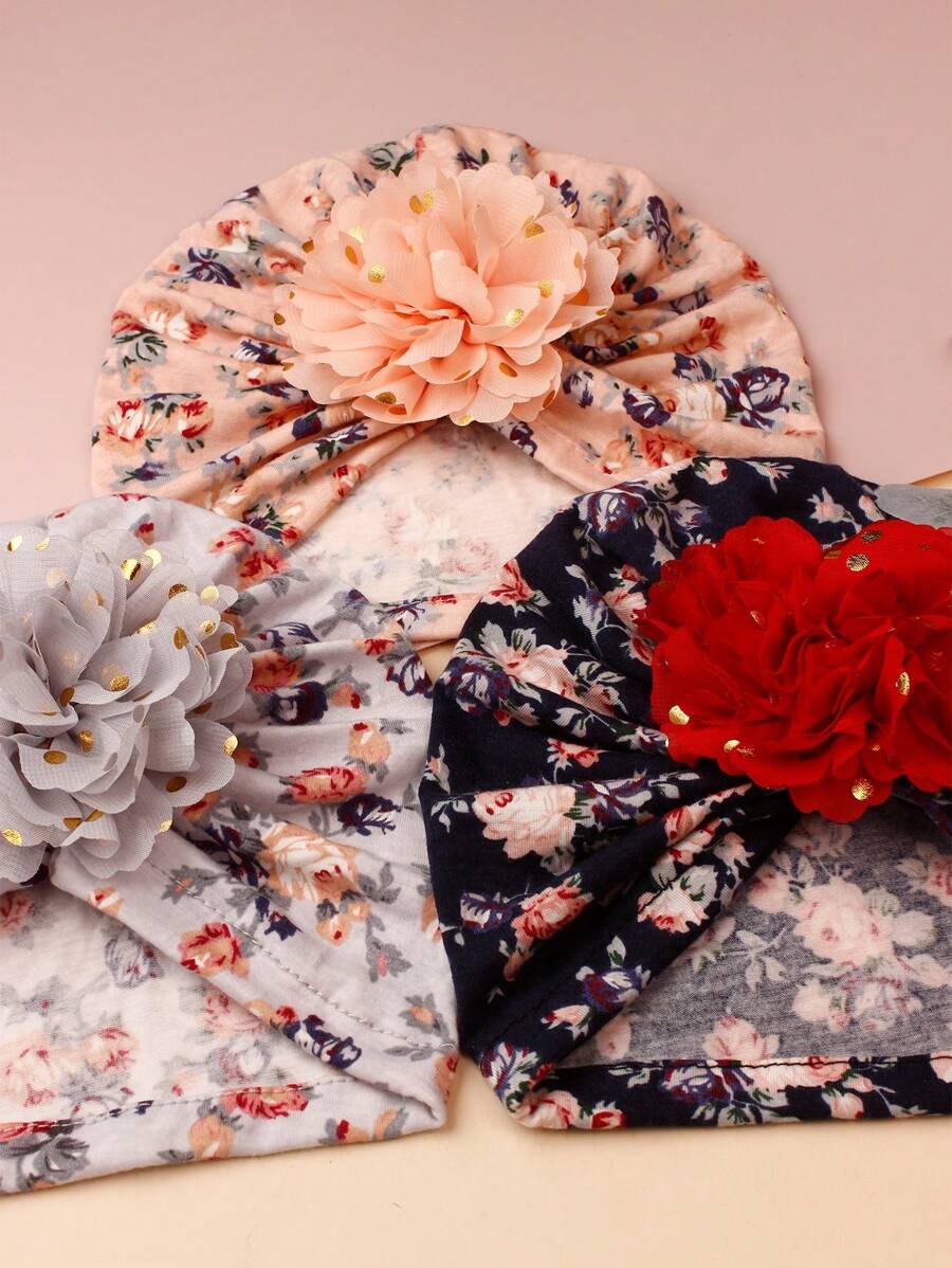 Printed Chiffon Flower Baby Hat Set for Cute Daily Wear