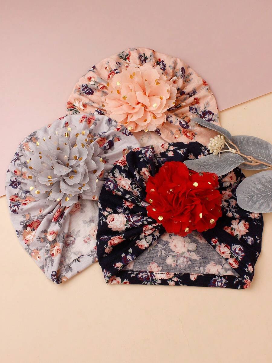 Printed Chiffon Flower Baby Hat Set for Cute Daily Wear
