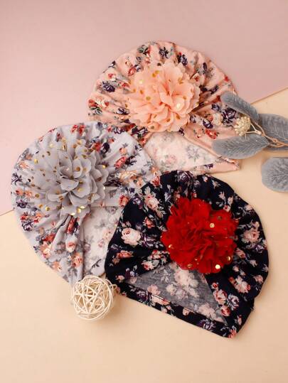 Printed Chiffon Flower Baby Hat Set for Cute Daily Wear