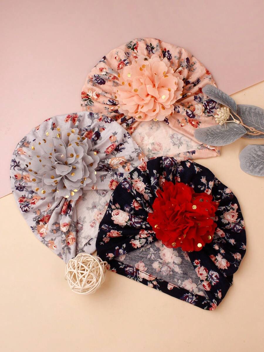 Printed Chiffon Flower Baby Hat Set for Cute Daily Wear