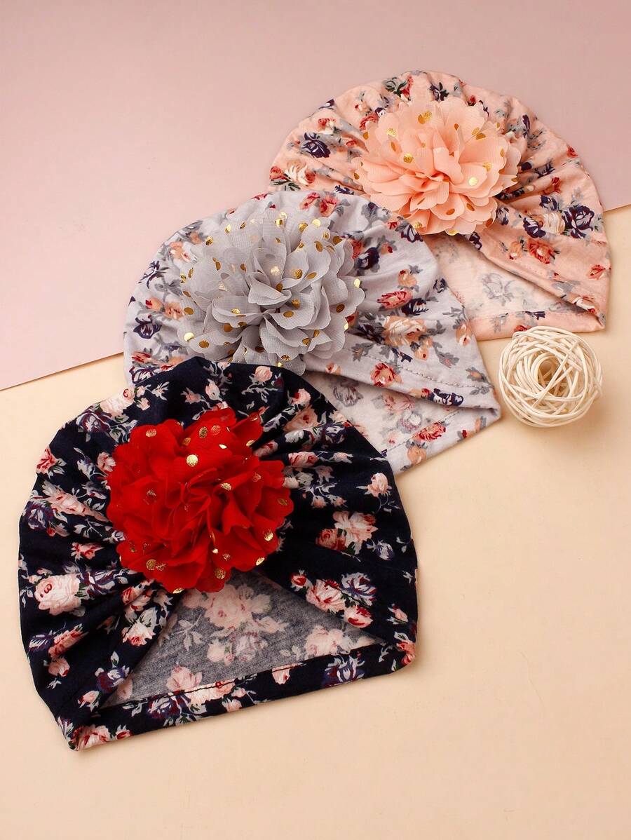 Printed Chiffon Flower Baby Hat Set for Cute Daily Wear
