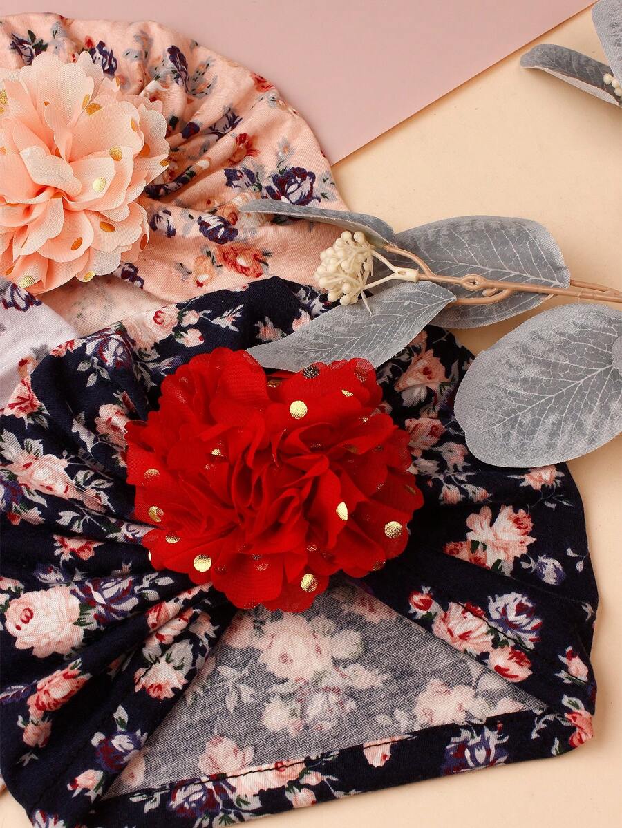Printed Chiffon Flower Baby Hat Set for Cute Daily Wear