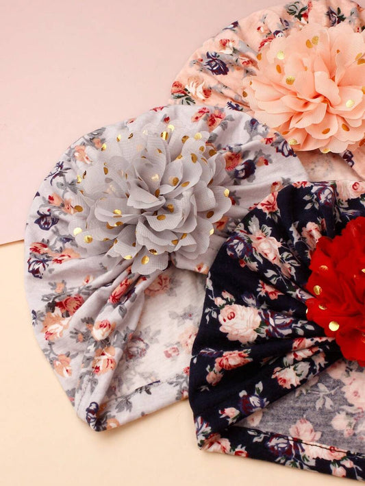 Printed Chiffon Flower Baby Hat Set for Cute Daily Wear