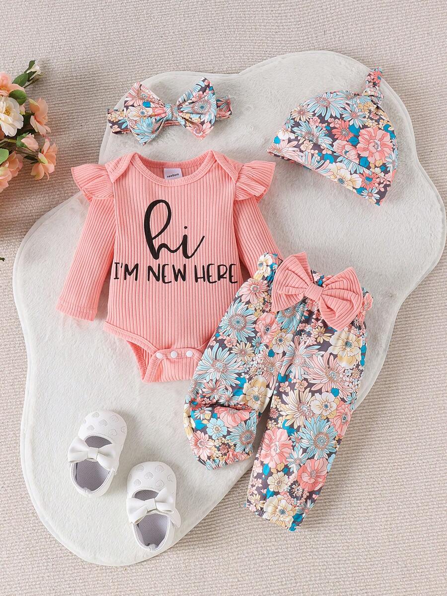 Cute Print Bodysuit Pants Hat and Headband Outfit Set for Spring and Autumn Wear