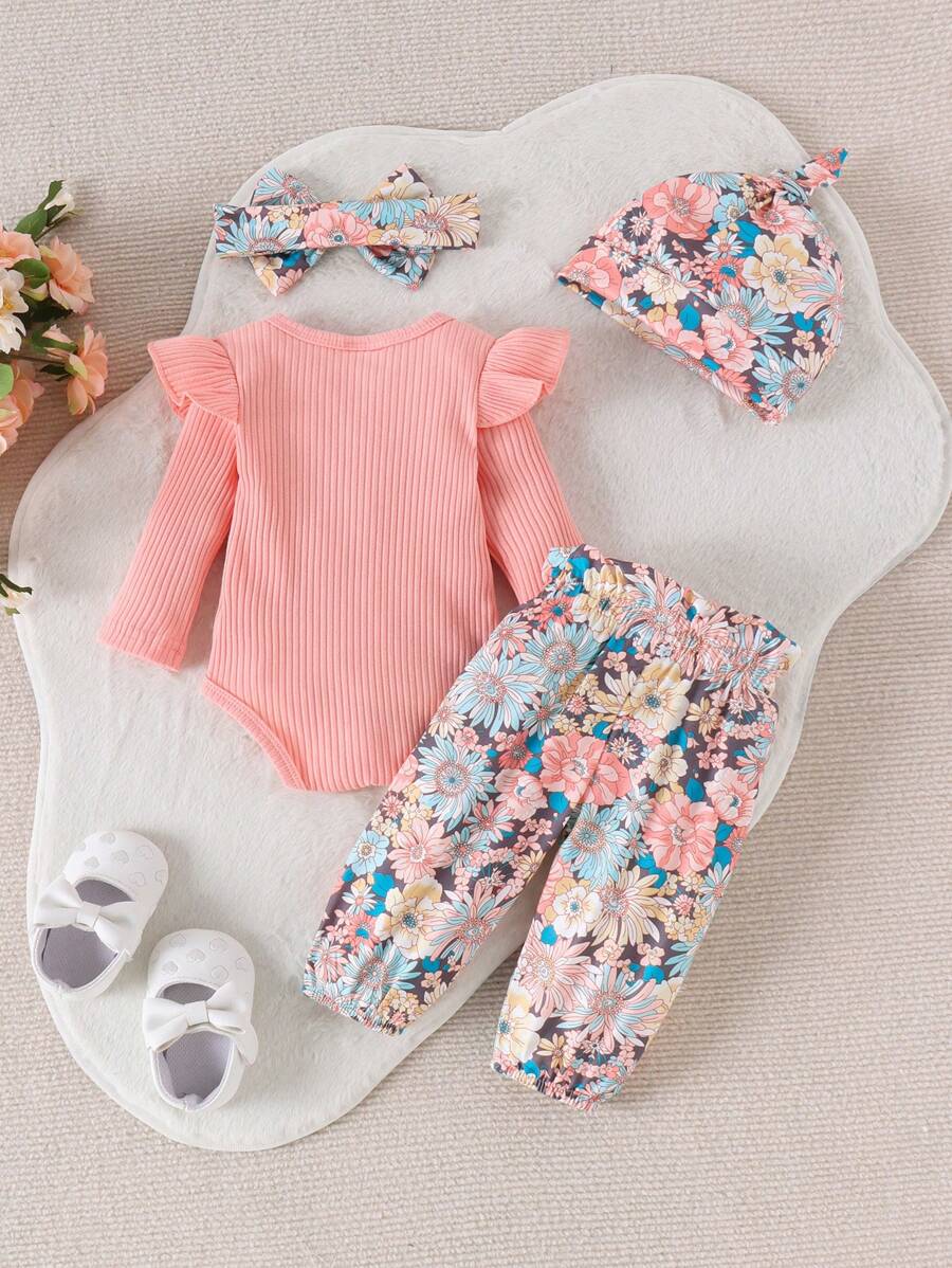 Cute Print Bodysuit Pants Hat and Headband Outfit Set for Spring and Autumn Wear
