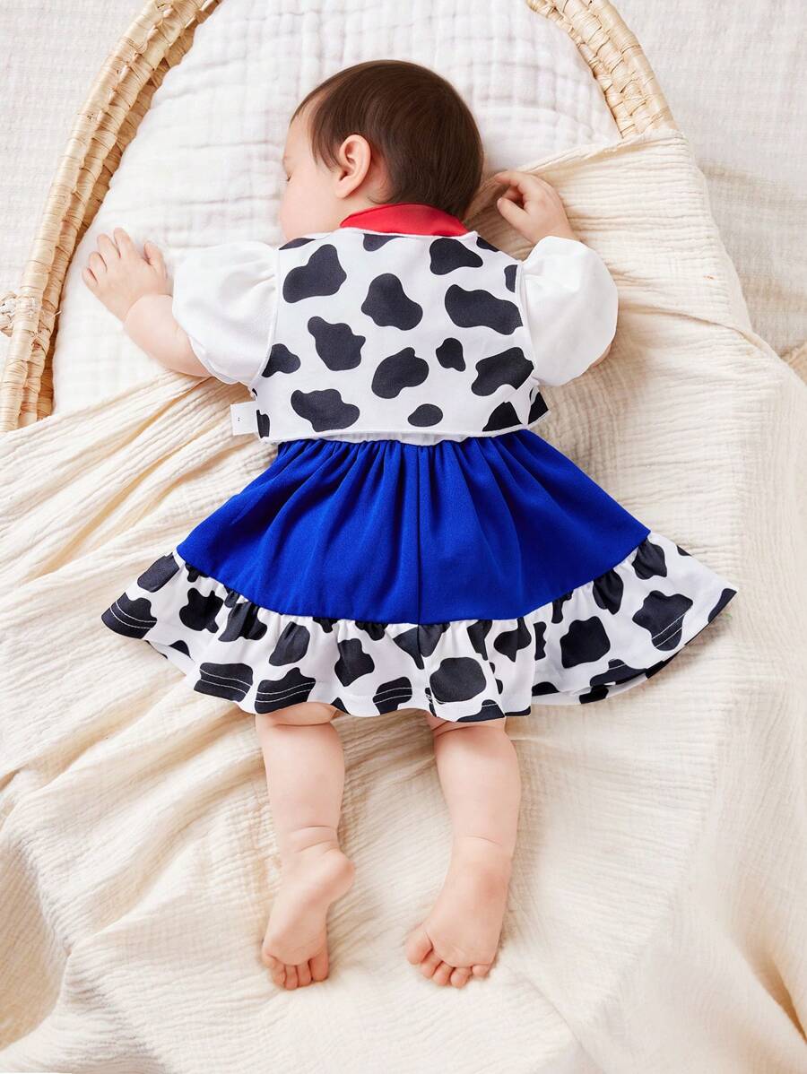 Cow Print Vest Coat and Bubble Sleeve Dress Outfit for Cute Daily Wear
