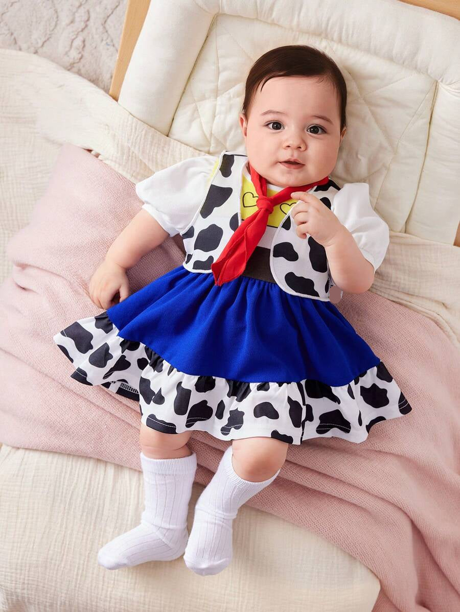 Cow Print Vest Coat and Bubble Sleeve Dress Outfit for Cute Daily Wear