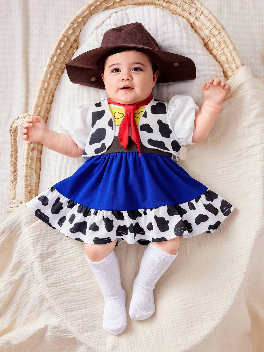 Cow Print Vest Coat and Bubble Sleeve Dress Outfit for Cute Daily Wear