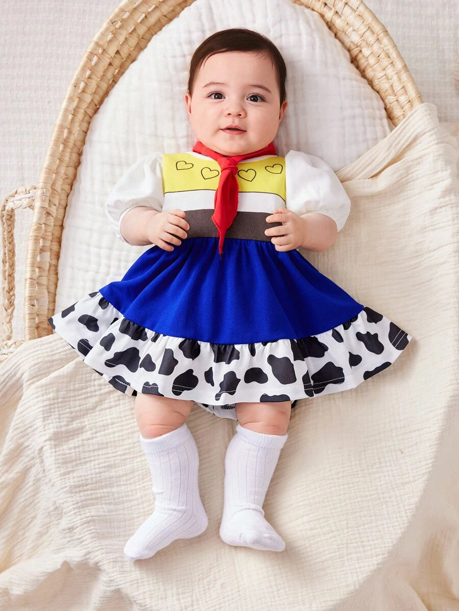Cow Print Vest Coat and Bubble Sleeve Dress Outfit for Cute Daily Wear