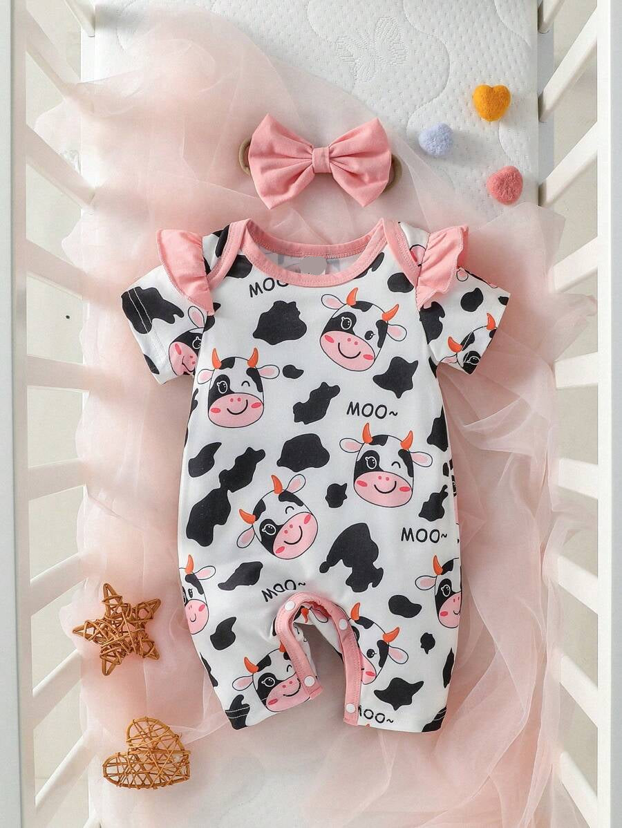 Baby Cow Graphic Ruffle Trim Romper and Headband Set for Cute Daily Wear