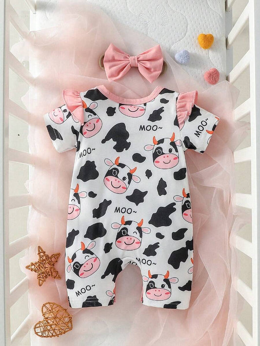 Baby Cow Graphic Ruffle Trim Romper and Headband Set for Cute Daily Wear