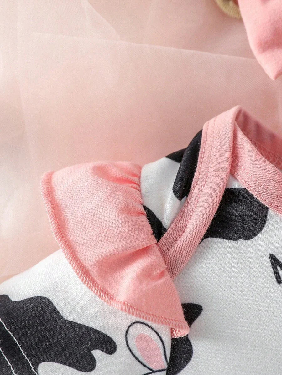 Baby Cow Graphic Ruffle Trim Romper and Headband Set for Cute Daily Wear