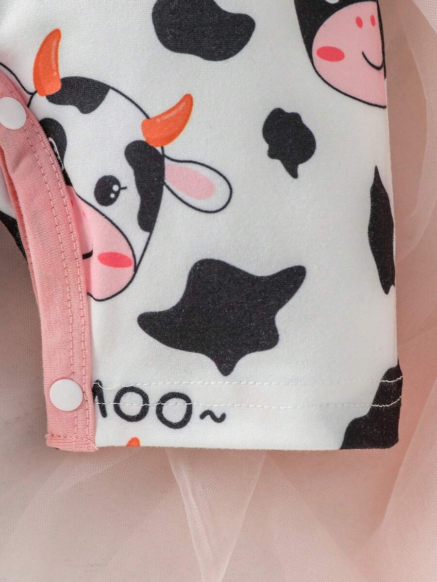 Baby Cow Graphic Ruffle Trim Romper and Headband Set for Cute Daily Wear