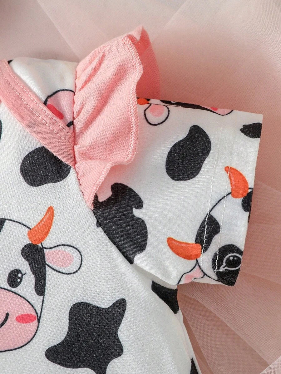Baby Cow Graphic Ruffle Trim Romper and Headband Set for Cute Daily Wear