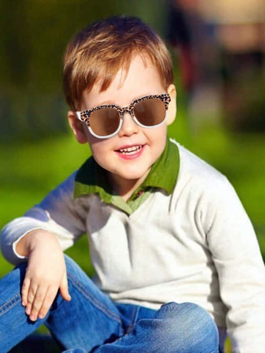 2 Pcs Kids Leopard Square Fashion Glasses – Cute Asymmetric Frames, Personalized Baby Unisex Trendy Eyewear Set