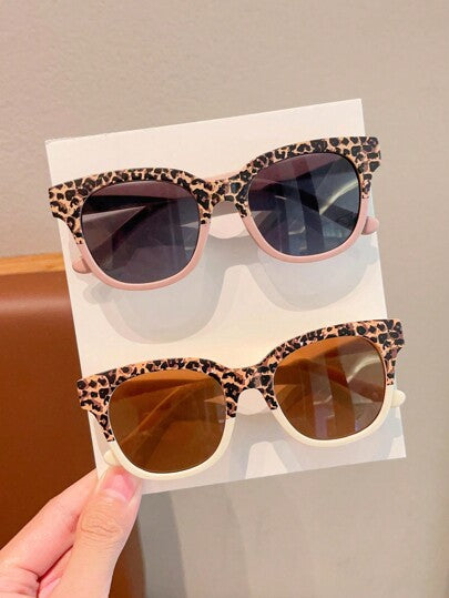 2 Pcs Kids Leopard Square Fashion Glasses – Cute Asymmetric Frames, Personalized Baby Unisex Trendy Eyewear Set