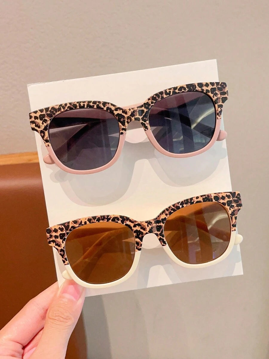 2 Pcs Kids Leopard Square Fashion Glasses – Cute Asymmetric Frames, Personalized Baby Unisex Trendy Eyewear Set