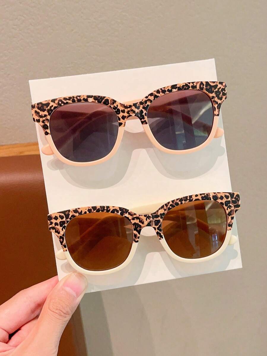 2 Pcs Kids Leopard Square Fashion Glasses – Cute Asymmetric Frames, Personalized Baby Unisex Trendy Eyewear Set