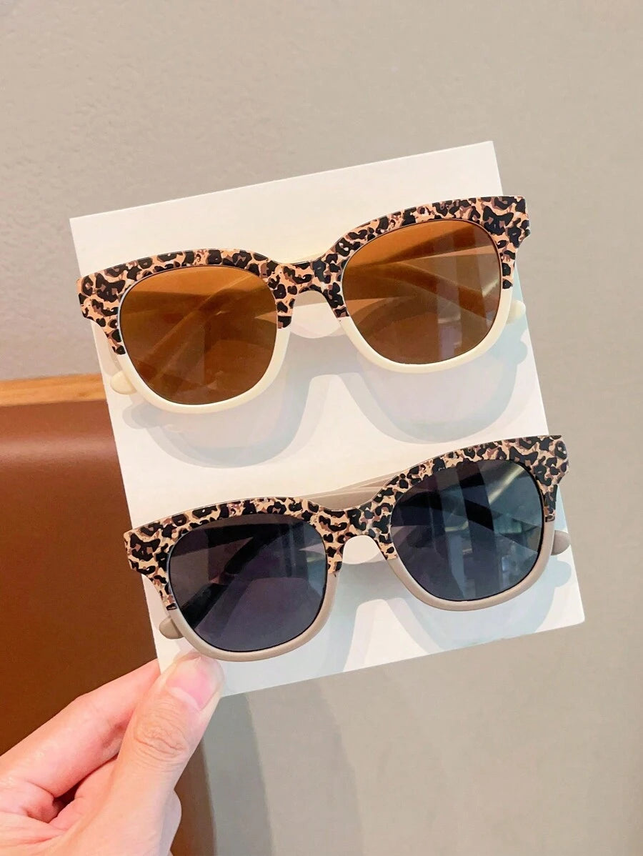 2 Pcs Kids Leopard Square Fashion Glasses – Cute Asymmetric Frames, Personalized Baby Unisex Trendy Eyewear Set