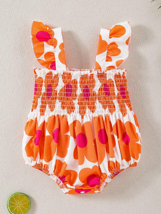 Sweet Sunflower Pleated Bodysuit for Baby Girls - Flutter Sleeve Casual Wear