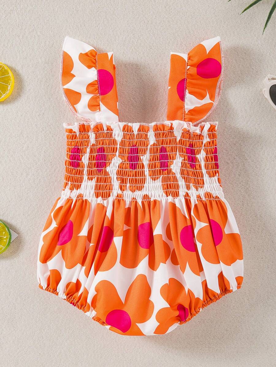 Sweet Sunflower Pleated Bodysuit for Baby Girls - Flutter Sleeve Casual Wear