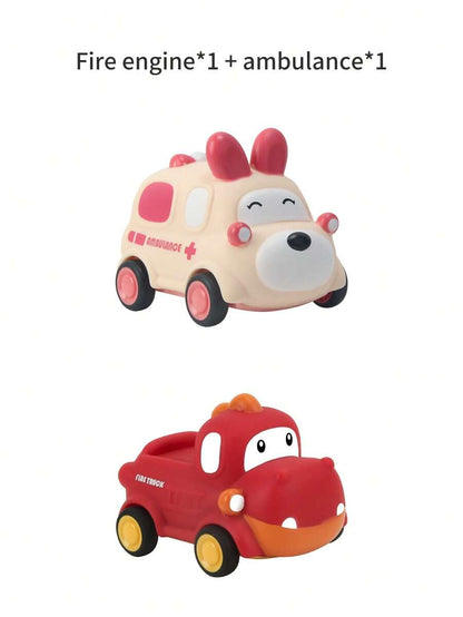 Soft Rubber Pull-Back Vehicle Set – Baby Police Car, Fire Truck, Taxi & Ambulance