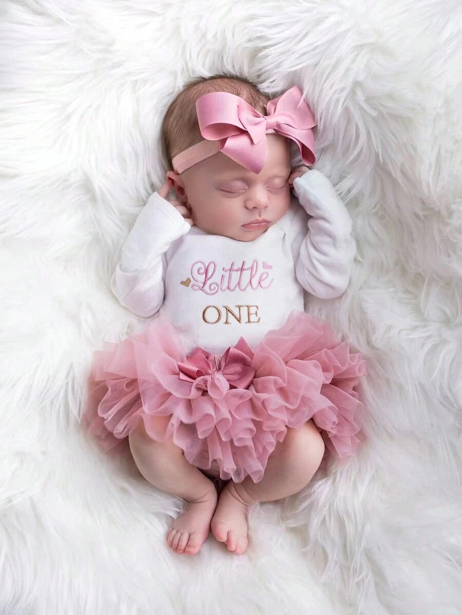 Baby Girl Romper with Tutu Skirt and Bow Headband for Photoshoots and Coming Home