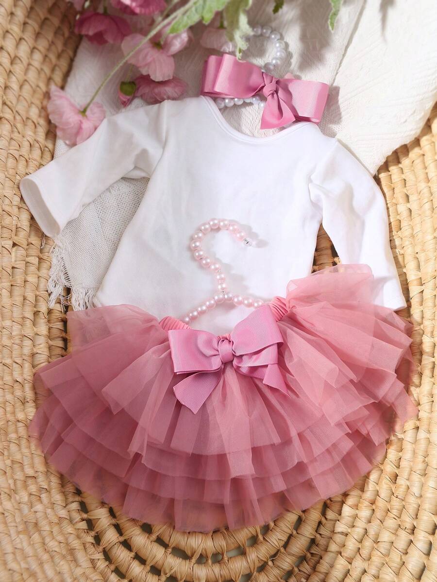 Baby Girl Romper with Tutu Skirt and Bow Headband for Photoshoots and Coming Home