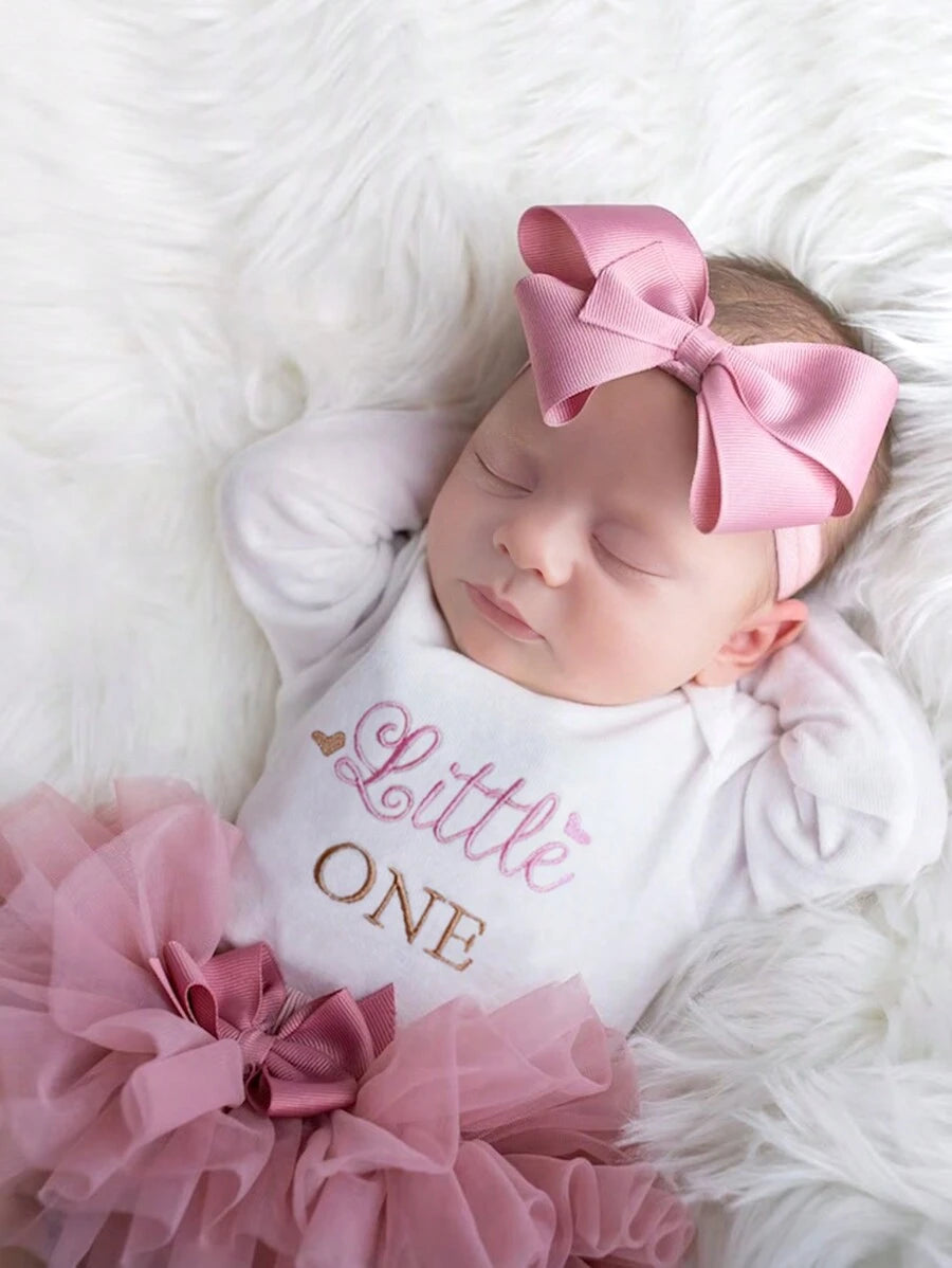 Baby Girl Romper with Tutu Skirt and Bow Headband for Photoshoots and Coming Home