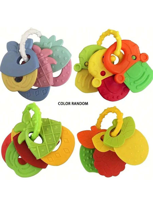 Baby Silicone Teething Toy Set Fruit Shape Teether Keys Freezable Teethers for Infants Boys and Girls