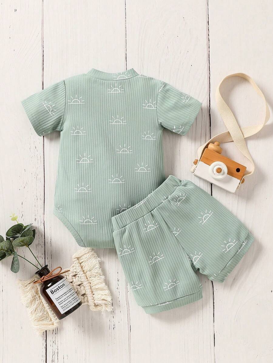 Infant Boy Comfortable 2-Piece Ribbed Short Sleeve Bodysuit Summer Outfit