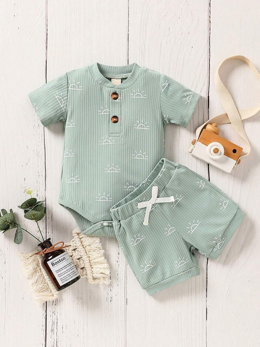 Infant Boy Comfortable 2-Piece Ribbed Short Sleeve Bodysuit Summer Outfit