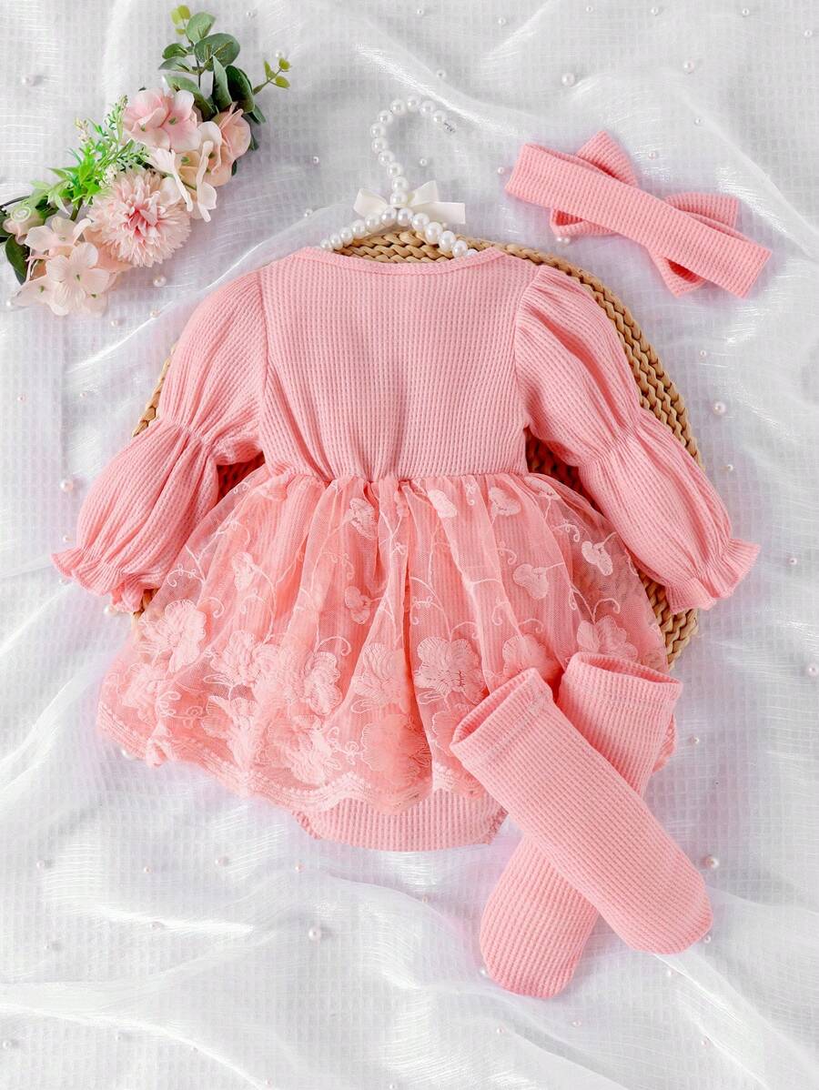 3PCS Baby Elegant Mesh Contrast Bodysuit Set with Headband and Socks for Autumn and Winter Wear
