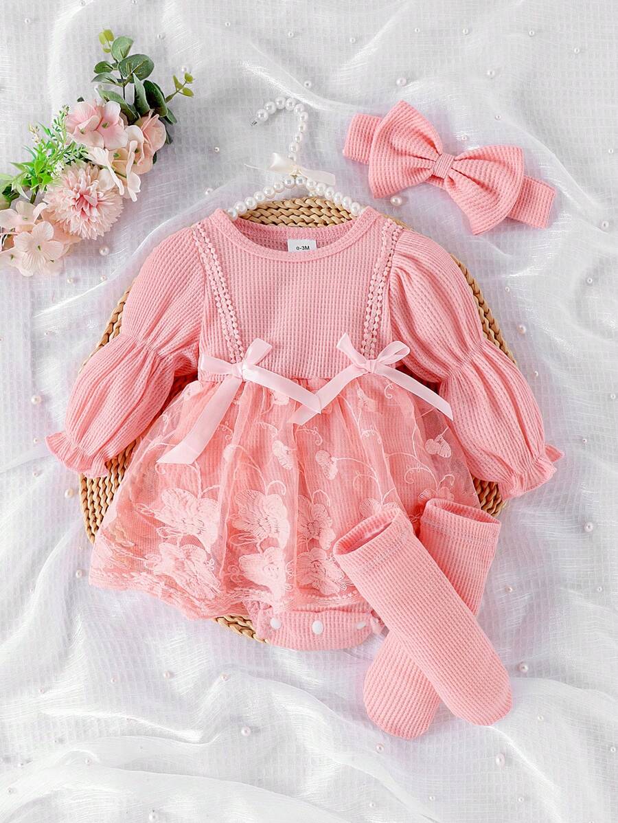 3PCS Baby Elegant Mesh Contrast Bodysuit Set with Headband and Socks for Autumn and Winter Wear