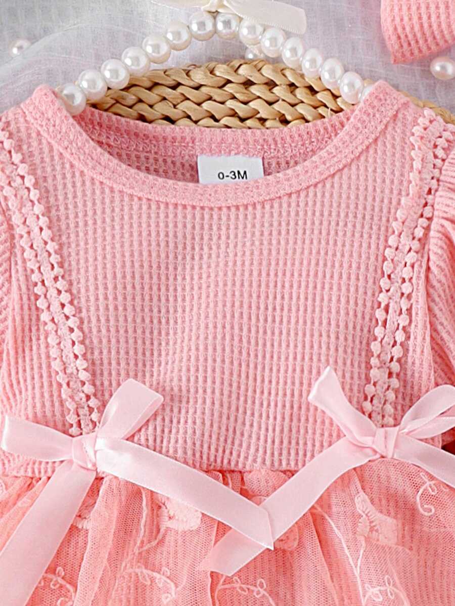3PCS Baby Elegant Mesh Contrast Bodysuit Set with Headband and Socks for Autumn and Winter Wear