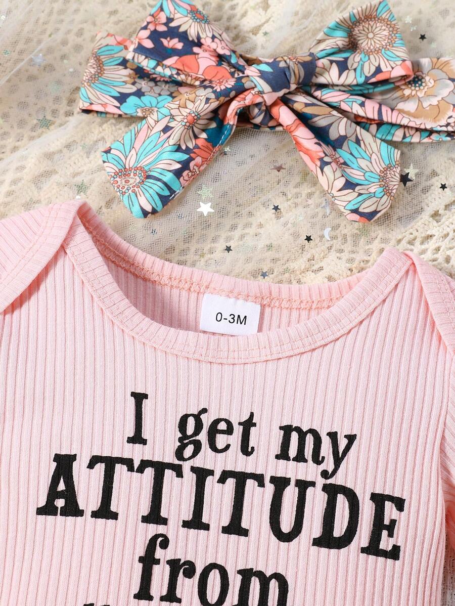 3PCS Baby Letter Print Bodysuit and Floral Flare Pants Set with Matching Headband