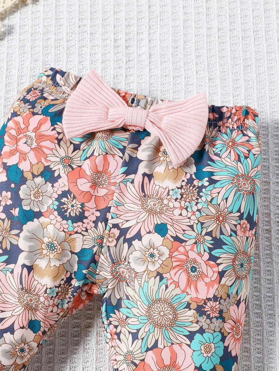 3PCS Baby Letter Print Bodysuit and Floral Flare Pants Set with Matching Headband