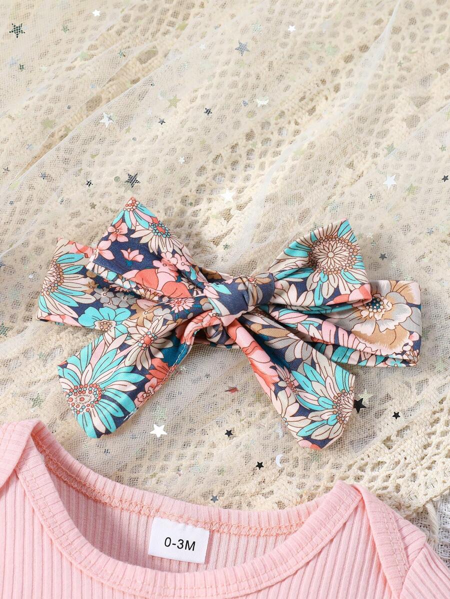 3PCS Baby Letter Print Bodysuit and Floral Flare Pants Set with Matching Headband