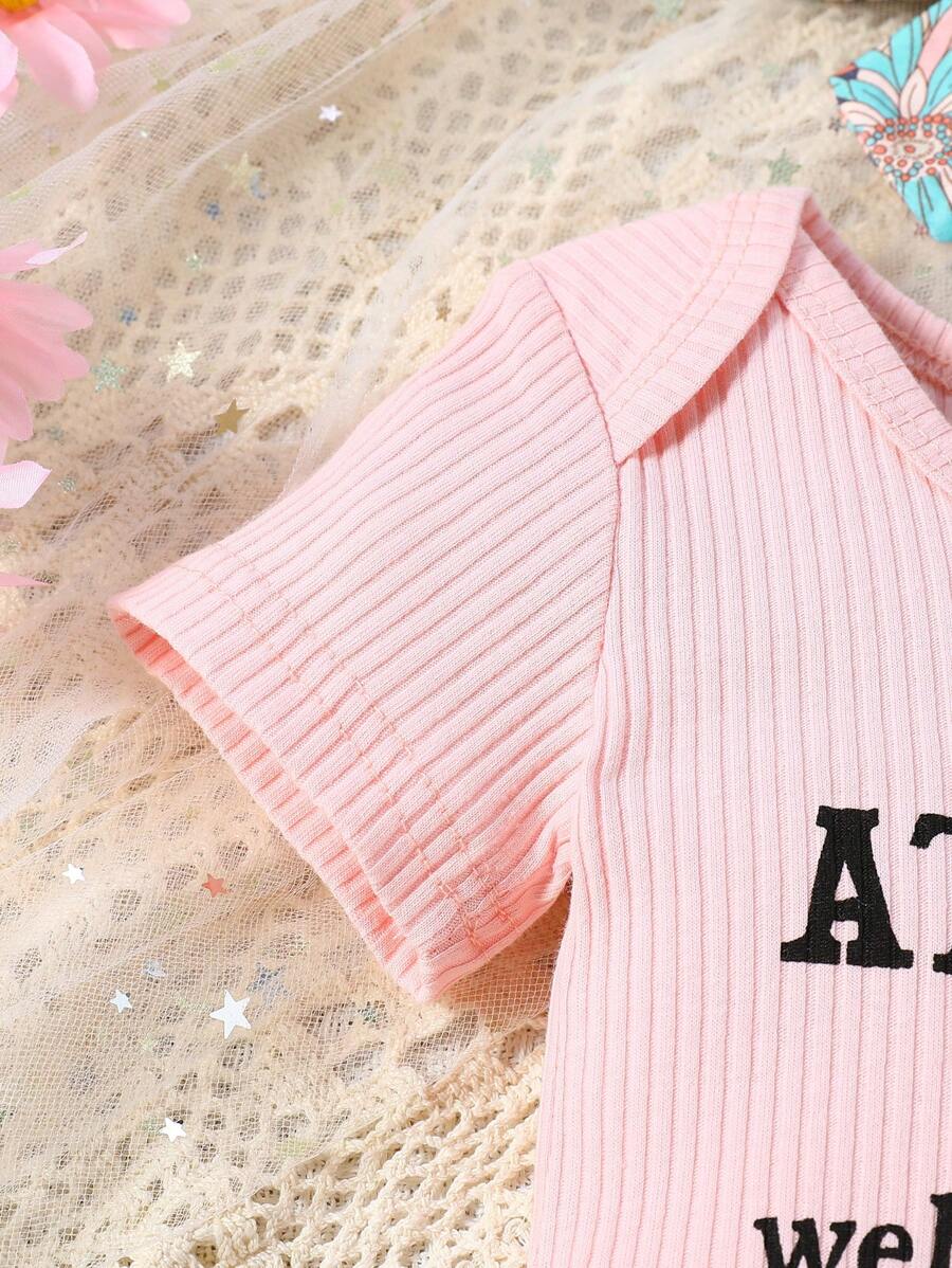 3PCS Baby Letter Print Bodysuit and Floral Flare Pants Set with Matching Headband